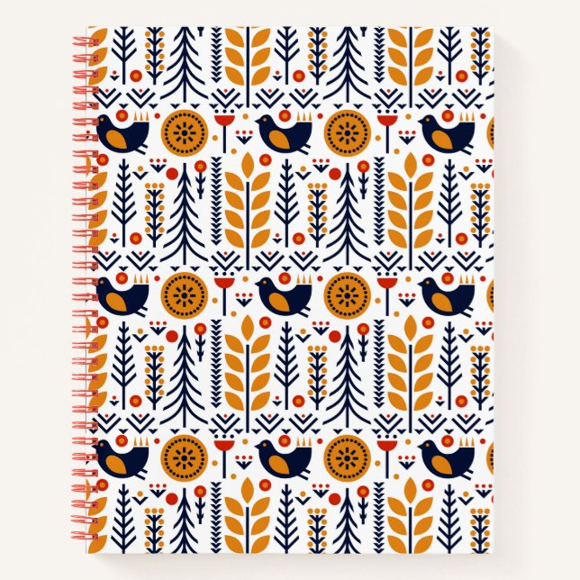 Autumn Bird Folk Art Pattern Notebook (Front)