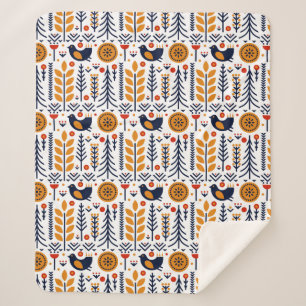 Autumn Bird Folk Art Pattern Sherpa Blanket
