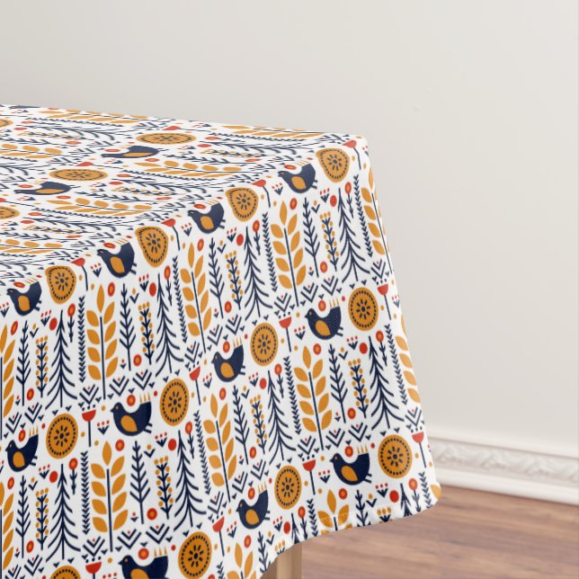 Autumn Bird Folk Art Pattern Tablecloth (In Situ)