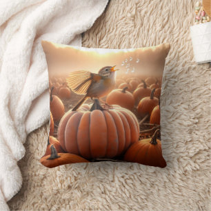 Autumn Bird Singing On a Pumpkin Cushion