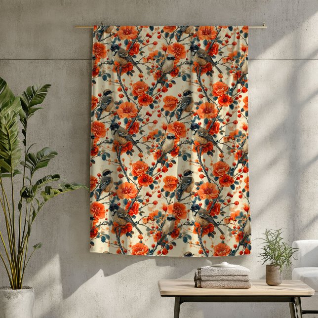 Autumn Birds Blanket with Rustic Floral Accents (Autumn Birds Blanket with Rustic Floral Accents)