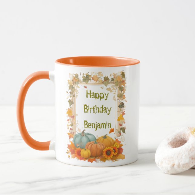 Autumn Birthday Mug Personalized Fall Pumpkins  (With Donut)