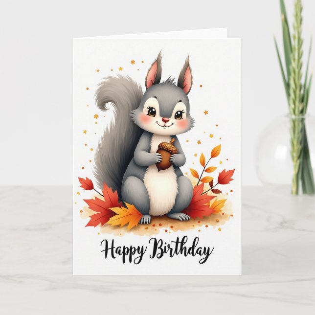 Autumn Birthday Squirrel Acorn Card (Front)