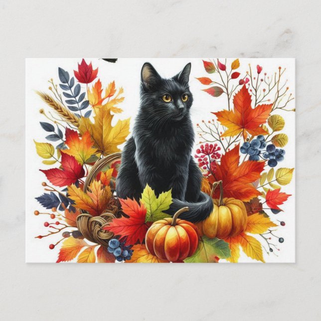 Autumn Black Cat and Seasonal Leaves Postcard (Front)