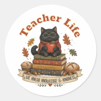 Autumn Black Cat Teacher Life Classroom Custom Classic Round Sticker