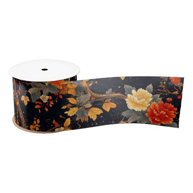 Autumn Black Orange Leaf Chinoiserie Satin Ribbon (Spool)