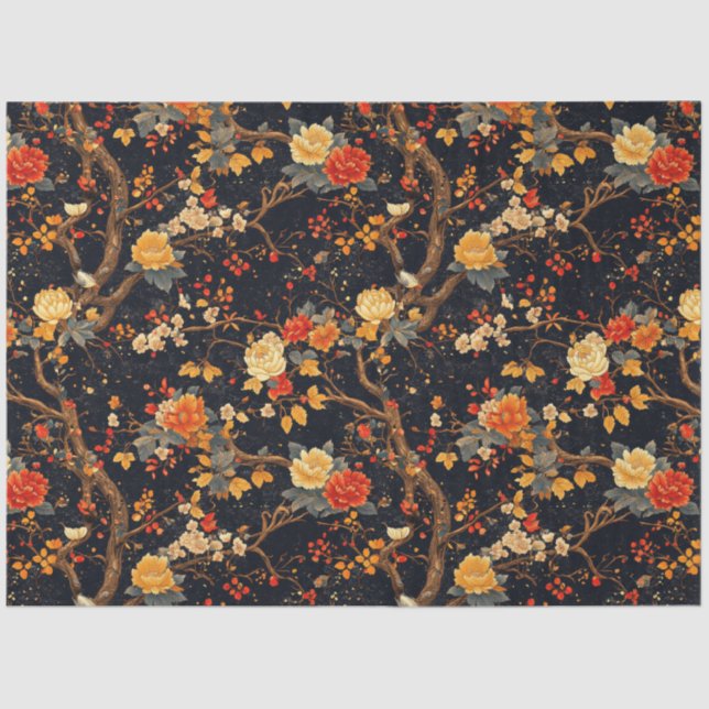 Autumn Black Orange Leaf Chinoiserie Tissue Paper (Front)