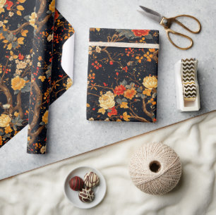 Autumn Black Orange Leaf Chinoiserie Wrapping Paper