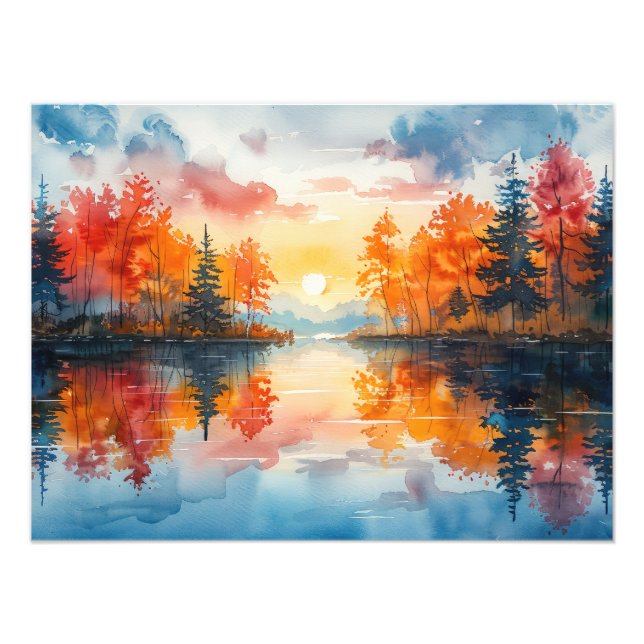 Autumn Blaze, Vibrant Sunset Over a Lake Wall Art (Front)