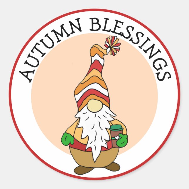  Autumn Blessings, Gnome Holding Coffee Classic Ro Classic Round Sticker (Front)