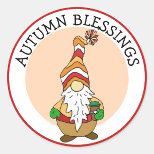  Autumn Blessings, Gnome Holding Coffee Classic Round Sticker