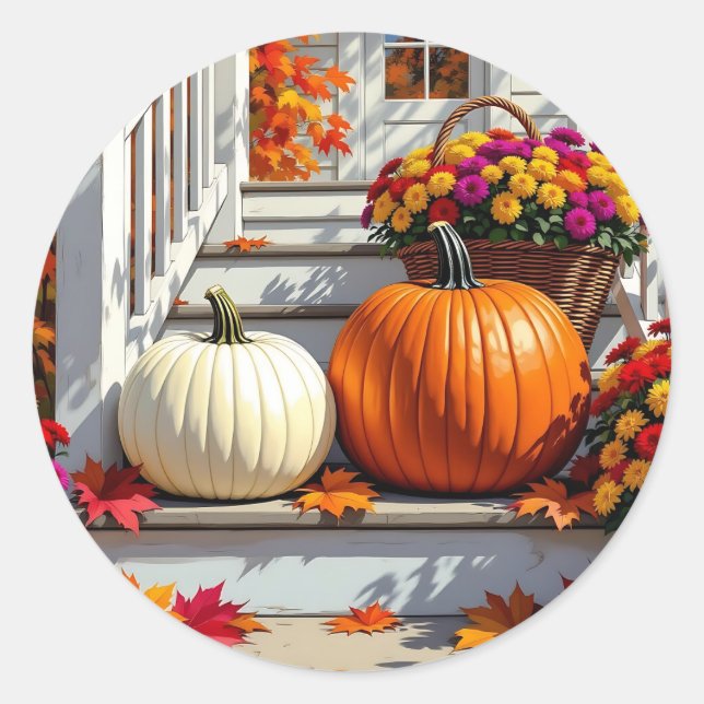Autumn Blessings | Mums, Pumpkins and Fall Leaves Classic Round Sticker (Front)