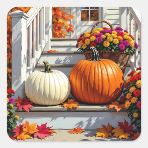 Autumn Blessings   Mums, Pumpkins and Fall Leaves Square Sticker