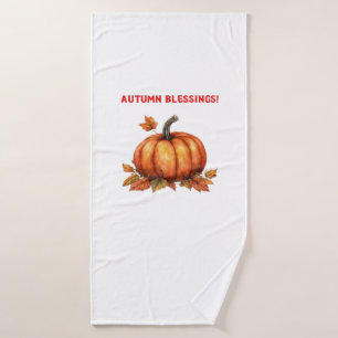 Autumn Blessings Pumpkin with Fall Leaves Classic Bath Towel