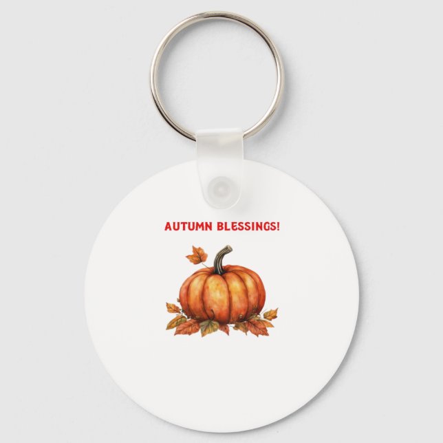 Autumn Blessings Pumpkin with Fall Leaves Classic  Key Ring (Front)