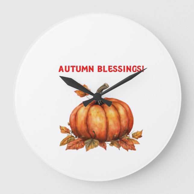Autumn Blessings Pumpkin with Fall Leaves Classic  Large Clock (Front)