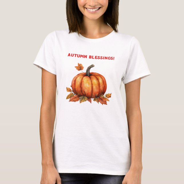 Autumn Blessings Pumpkin with Fall Leaves Classic  T-Shirt (Front)