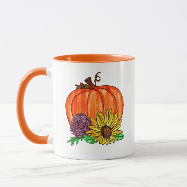 Autumn Blessings, Sunflowers, Mums and Pumpkin Mug (Left)