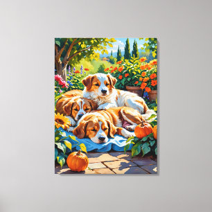 Autumn Bliss Dog Family Stretched Canvas Print