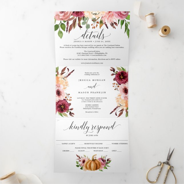 Autumn Bliss Wedding Tri-Fold Invitations RSVP (Inside)