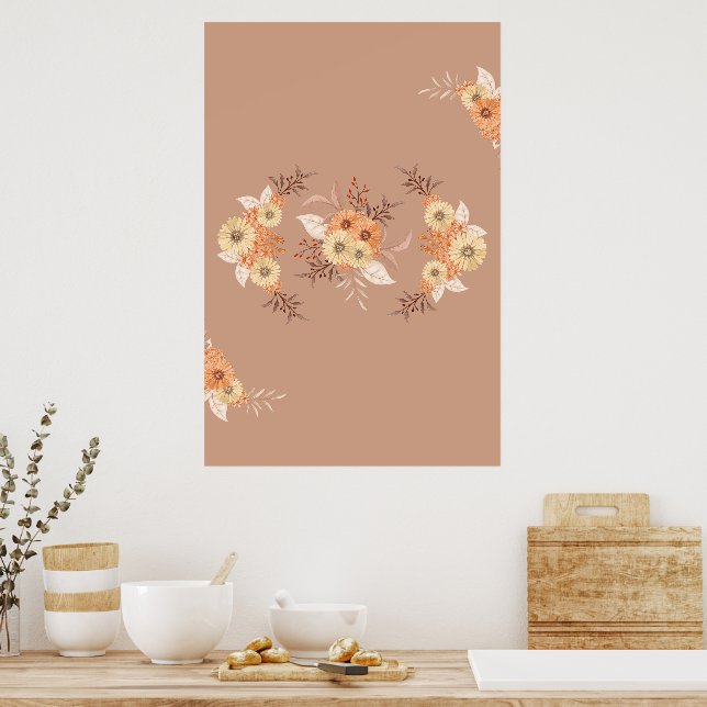 Autumn Bloom – Beige and Orange Floral Art Poster (Kitchen)
