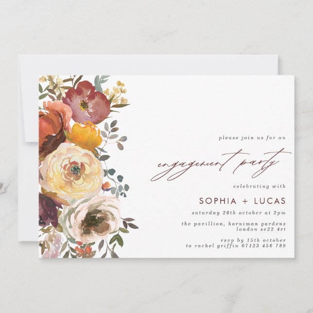 Autumn Bloom Burgundy Flowers Engagement Party Invitation (Front)