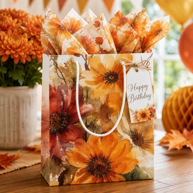 Autumn Bloom Fall Florals Watercolor  Medium Gift Bag (AI‑created mockup showcasing the floral gift bag’s beauty; illustrative only, not exact to product )