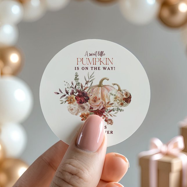 Autumn Blooms 'a little pumpkin' Baby Shower Classic Round Sticker (Creator Uploaded)