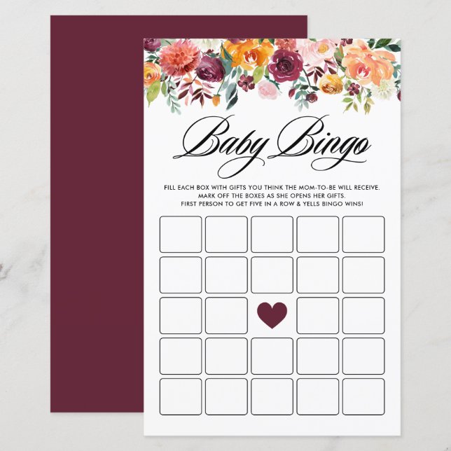 Autumn Blooms Baby Shower Bingo Game Card (Front/Back)