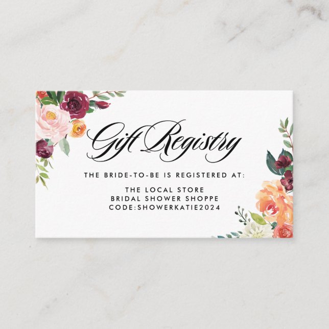 Autumn Blooms Fall Bridal Shower Registry Enclosure Card (Front)