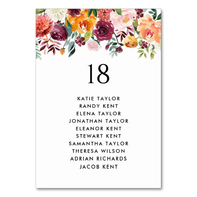 Autumn Blooms Fall Wedding Table Seating Plan Table Number (Front)