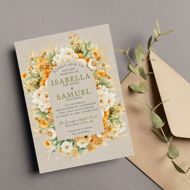 Autumn Blooms Floral Fall Green Orange Wedding Invitation (Creator Uploaded)