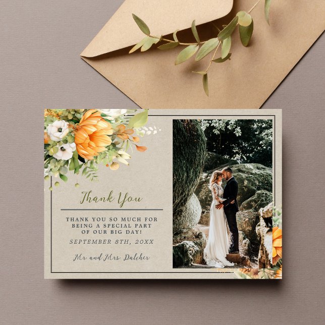 Autumn Blooms Floral Fall Green Orange Wedding Thank You Card (Creator Uploaded)