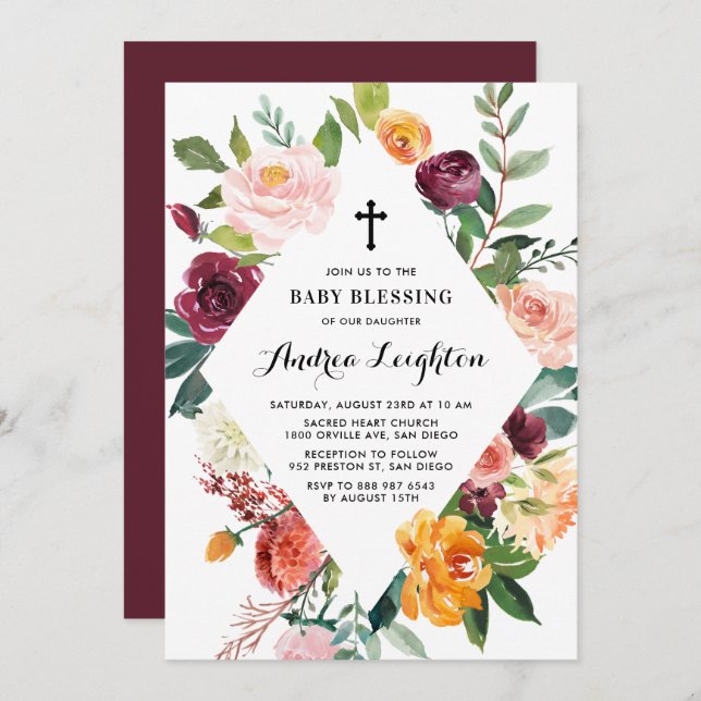 Autumn Blooms Floral Frame Baby Blessing Invitation (Front/Back)