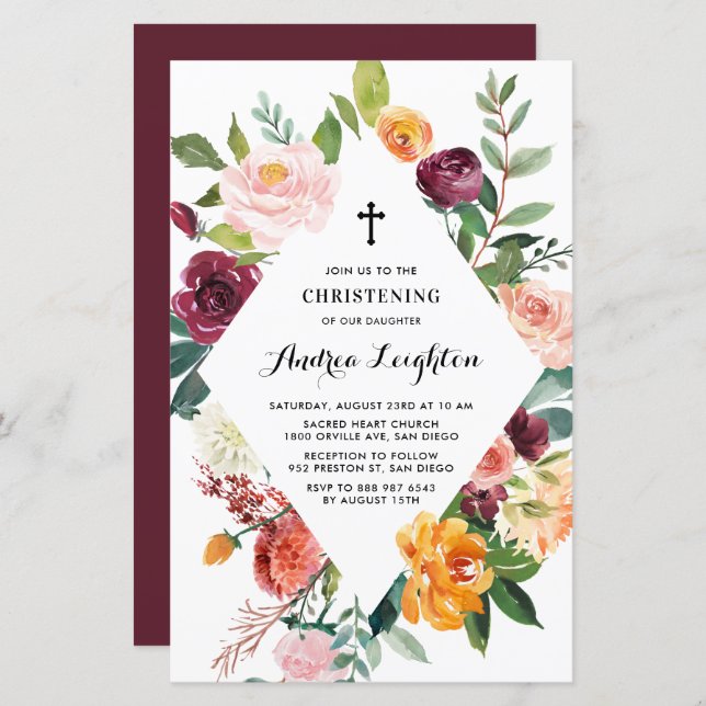 Autumn Blooms Floral Frame Christening Invitation (Front/Back)