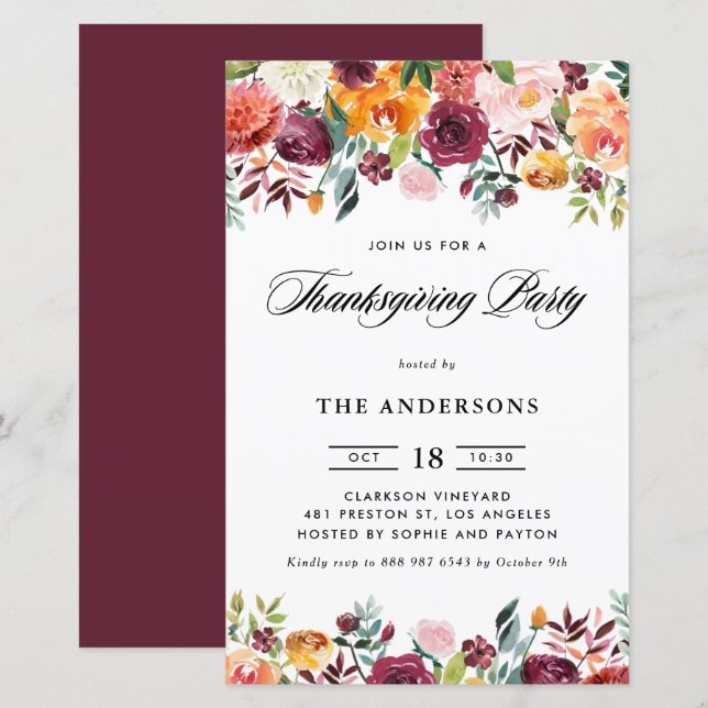 Autumn Blooms Floral Thanksgiving Party Invitation (Front/Back)