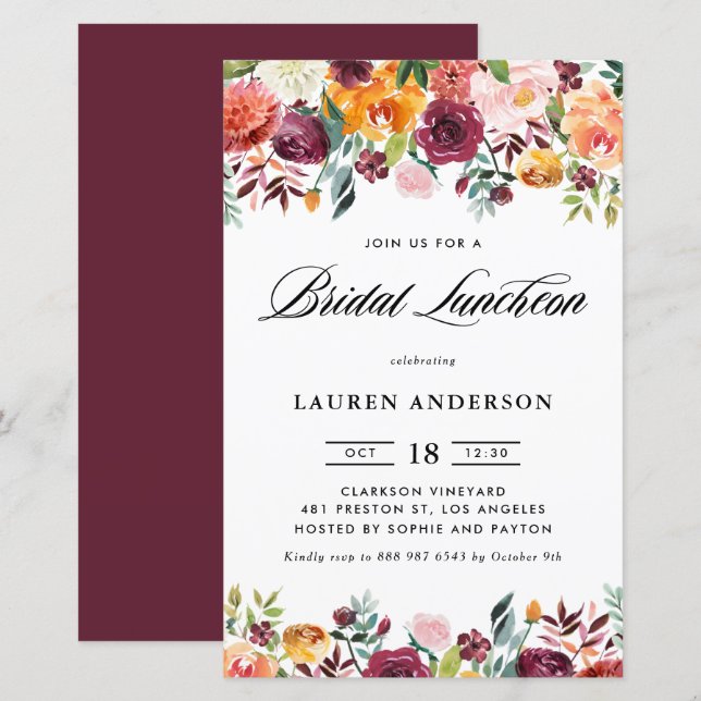 Autumn Blooms Garland Bridal Luncheon Invitation (Front/Back)