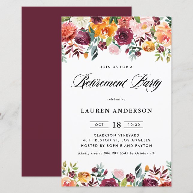 Autumn Blooms Garland Retirement Party Invitation (Front/Back)