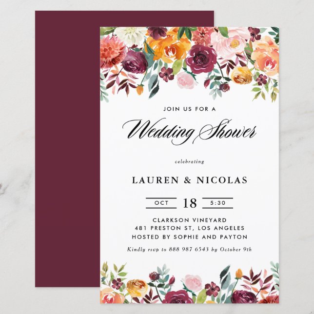 Autumn Blooms Garland Wedding Shower Invitation (Front/Back)