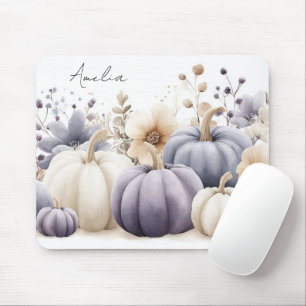 Autumn Blue and Beige Pumpkins and Flowers Mouse Mat
