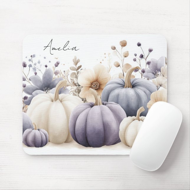Autumn Blue and Beige Pumpkins and Flowers  Mouse Mat (With Mouse)