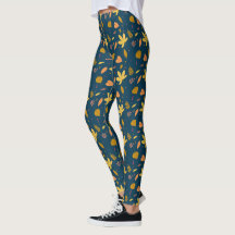 Autumn Blue Leaf Print Leggings | Women’s Style 