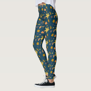 Autumn Blue Leaf Print Leggings   Women’s Style 