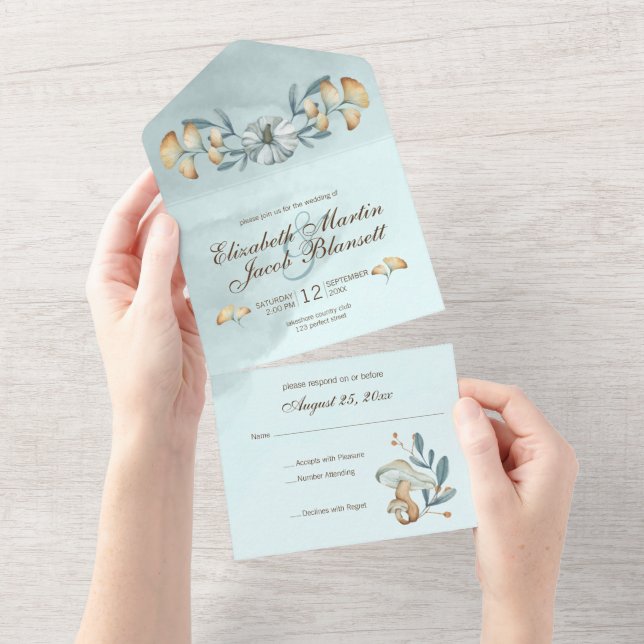 Autumn Blue Pumpkin & Ginkgo Wedding All In One Invitation (Tearaway)