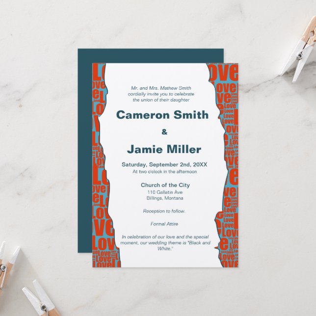 Autumn Blue Red Love Typography Border Wedding Invitation (Front/Back In Situ)