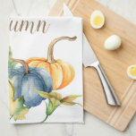 Autumn Blue White Green Orange Pumpkin Watercolor Tea Towel<br><div class="desc">Beautiful watercolor pumpkins in shades of blue,  green,  orange,  and white are featured on this seasonal kitchen towel. You can customise the word Autumn that is on both sides of the kitchen towel. Delight your guests and family for fall and Thanksgiving with this watercolor pumpkin kitchen towel.</div>