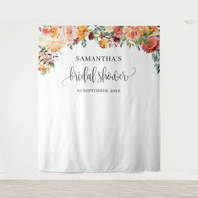 Autumn blush burgundy orange floral party backdrop tapestry (Front)