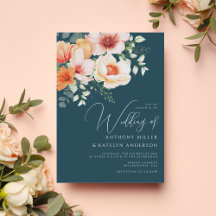 Autumn Blush Peach Coral Teal Blue Floral Wedding