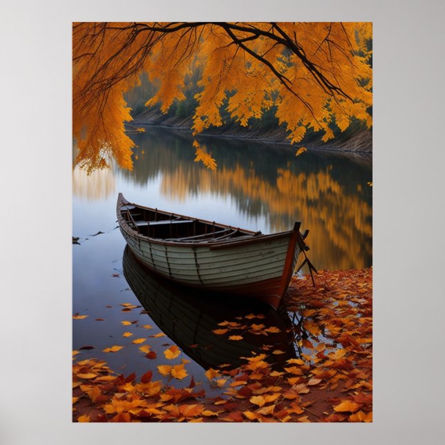 Autumn Boat on a Tranquil River Wall Art (Front)