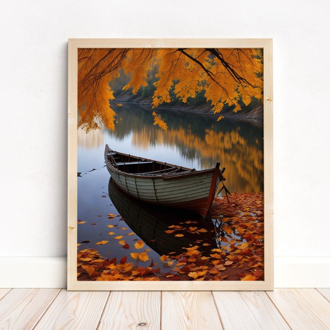 Autumn Boat on a Tranquil River Wall Art (Autumn Boat on a Tranquil River Wall Art in a neutral wooden frame on the floor)